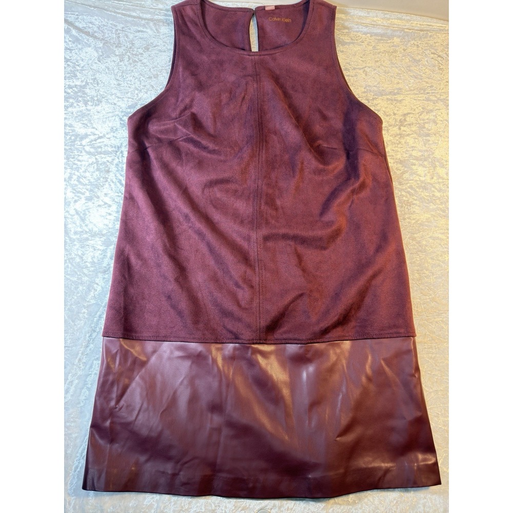 Calvin Klein Dress Womens 10 Burgundy Faux Suede Leather Colorblock Shift